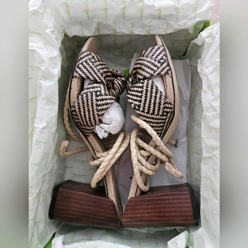Sam Edelman Woven Bow Lace-Up Sandals in Black and Cream - Picture 2 of 6